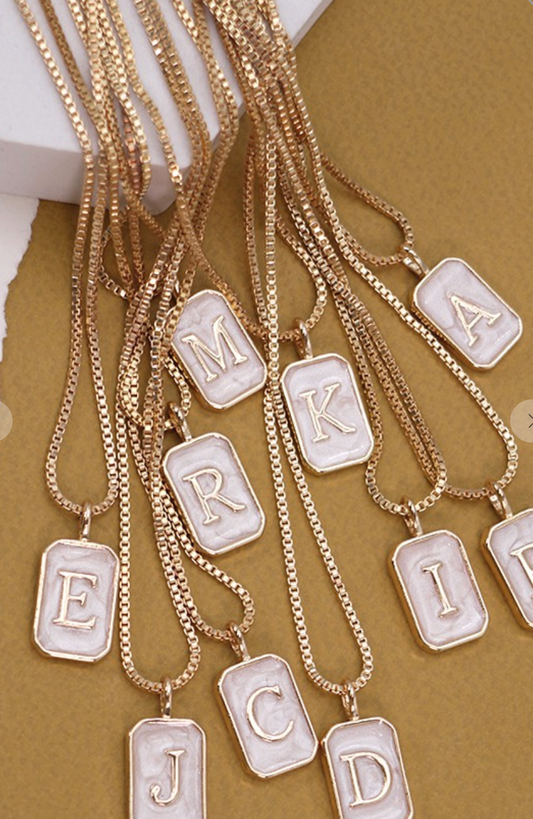 Monogram Initial Rectangle Pearly Charm Necklace