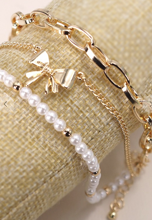 Bow Pearl Link Trio Bracelet Set